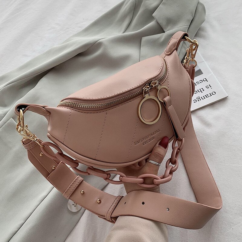 Shoulder Bag Women&#39;s Banana Pouch Solid Color PU Leather Chest Bag ladies Female Small Waist-Bag Black white Belt Bag