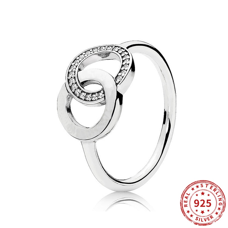 Original entrelaçados círculos pandra logotipo cintilante anel anéis para mulher 925 prata esterlina anel de festa de casamento presente jóias finas