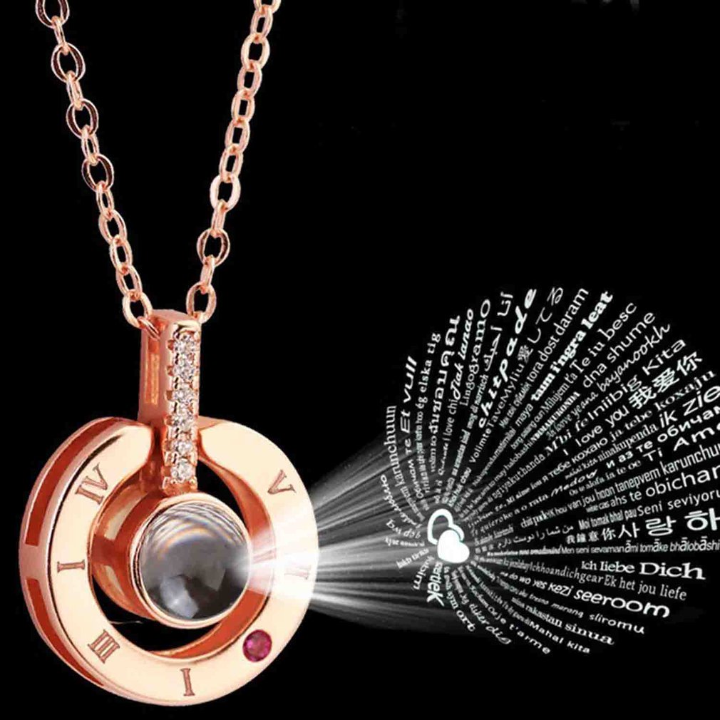 Rose Gold&Silver 100 languages I love you Projection Clavicle Romantic Memory Wedding Necklace Rose Gold Silver