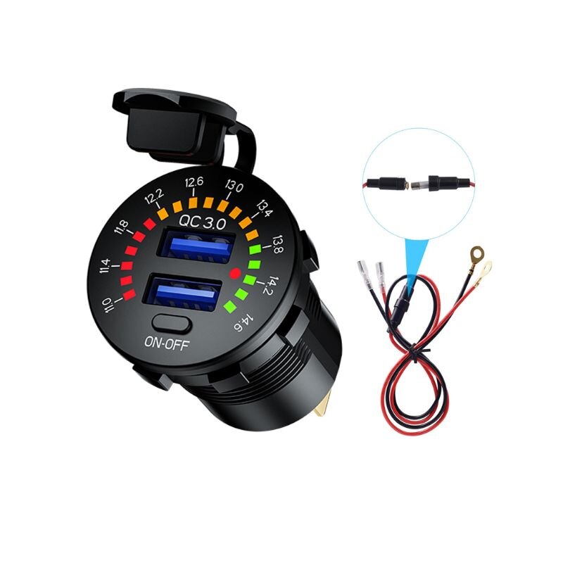 Cargador de coche 12V QC3.0 USB tipo C PD carga rápida con voltímetro LED interruptor de encendido y apagado L4MD: B