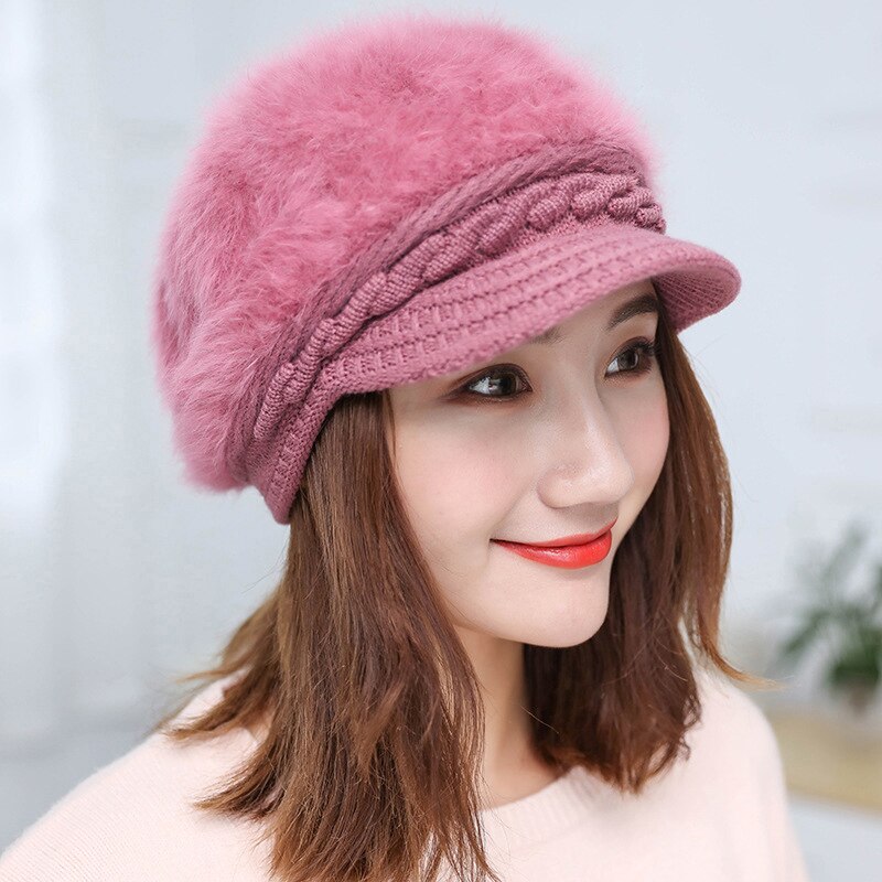 Gorros de punto con visera cálida de felpa para mujer, gorros de punto de Color sólido para mujer, boina tejida, accesorios exteriores elegantes, gorros, gorros
