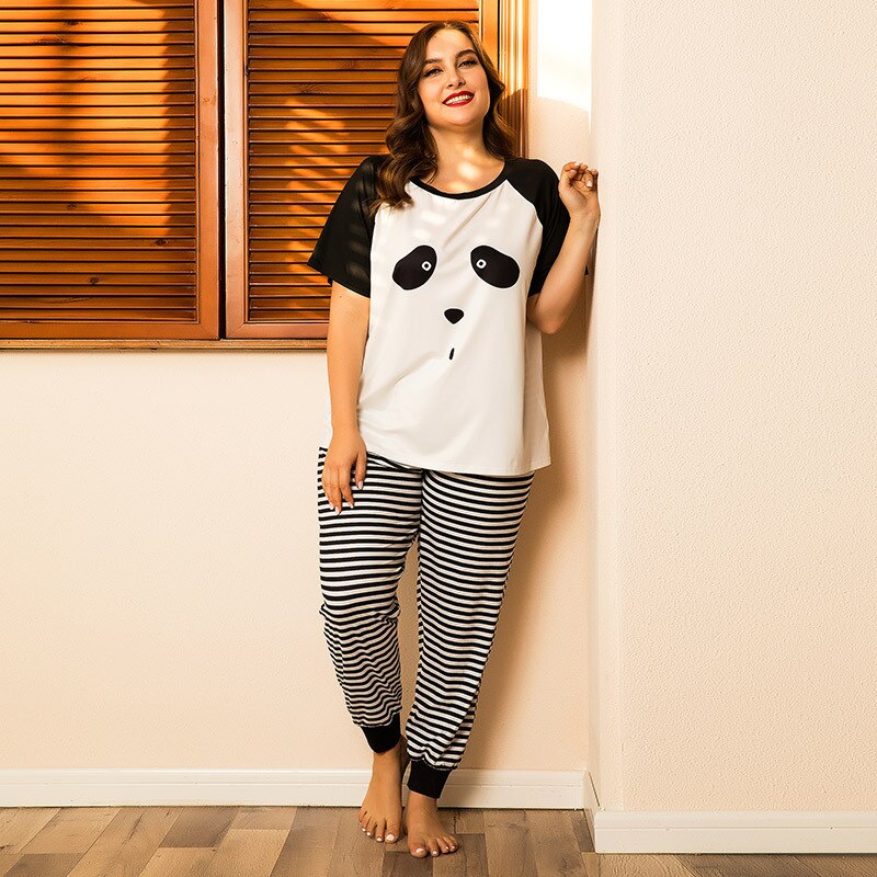 Plus Size Pijamas Women Nightie Cartoons Panda Cute Sleep Tops And Pants Women's Home Clothes Bath Suit Oversized Nightwear