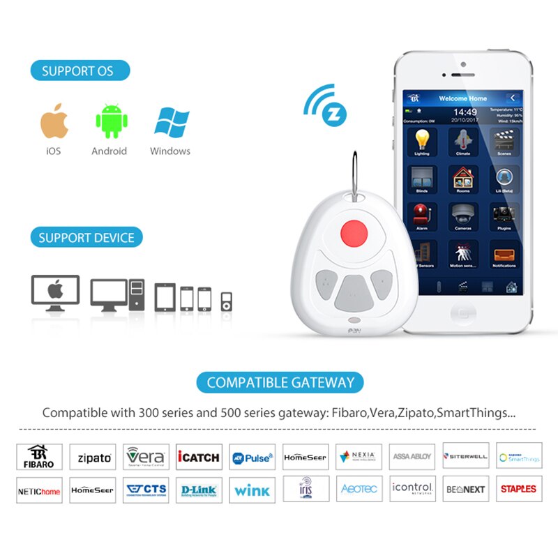 NEO COOLCAM-capteur domotique Z wave Plus, pour maison connectée, alarme SOS à une clé et contrôle à distance, couplage Z wave, capteur domotique