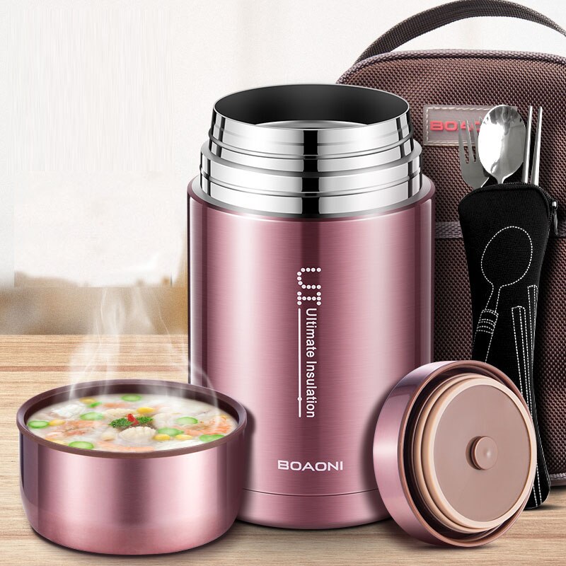 BOAONI 800ml Food Thermal Jar Vacuum Insulated Soup Thermos Containers 18/8 Stainless Steel Lunch Box with Portable Bag: 800ml / rose gold