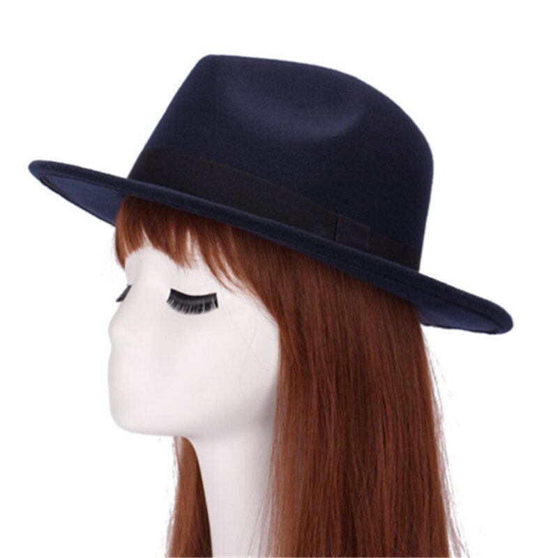 Unisex Wool Felt Fedora Hat Classic Men Gentleman Wide Brim Fedoras Jazz Cap: Navy Blue