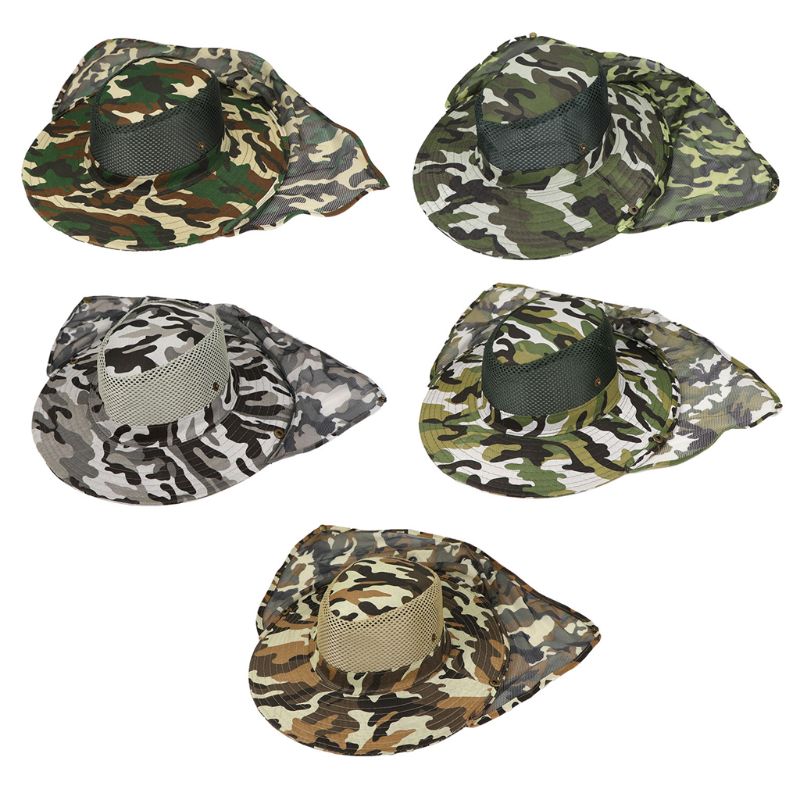 Unisex Camouflage Bucket Hat with Mesh Neck Flap Fishing Wide Brim Bo Y1QD