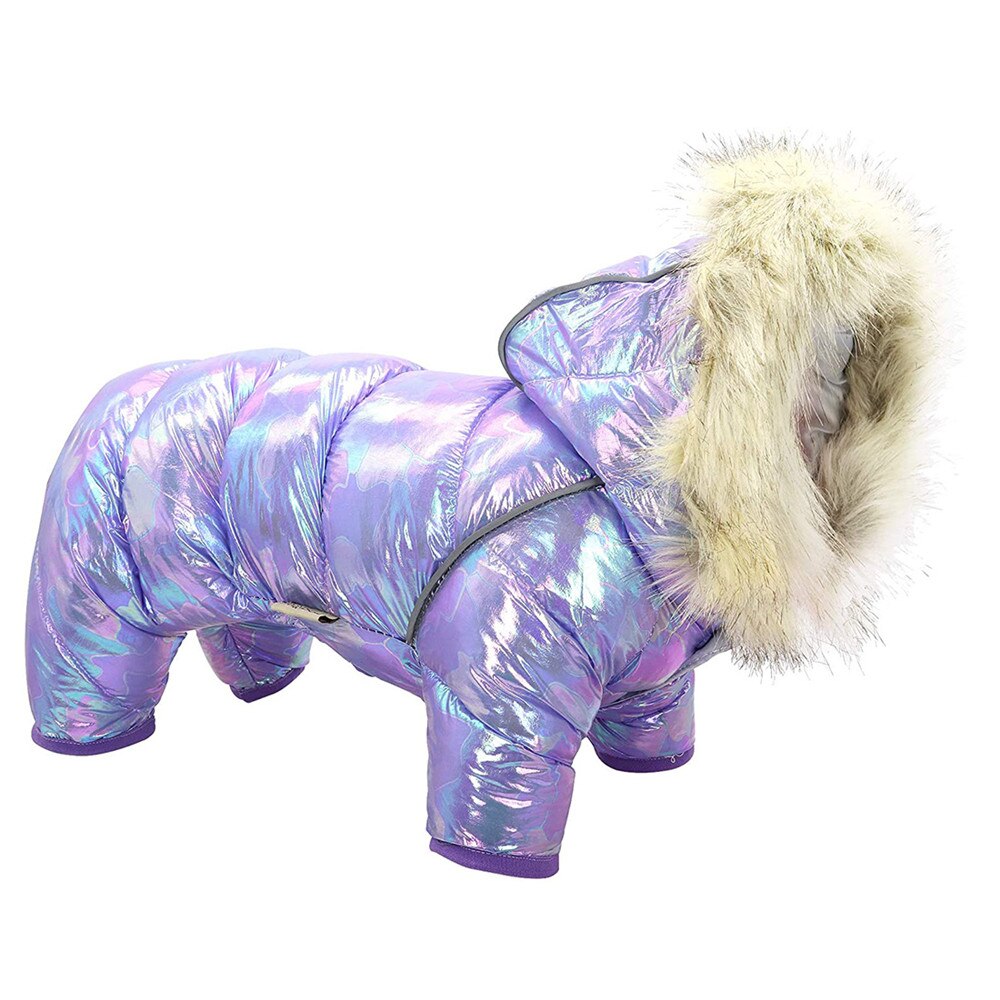 Ropa de invierno para perro, monos de lujo con Cuello de piel, abrigo acolchado grueso e impermeable para perros pequeños, cálido para mascotas, traje de nieve y tormenta: purple / 10