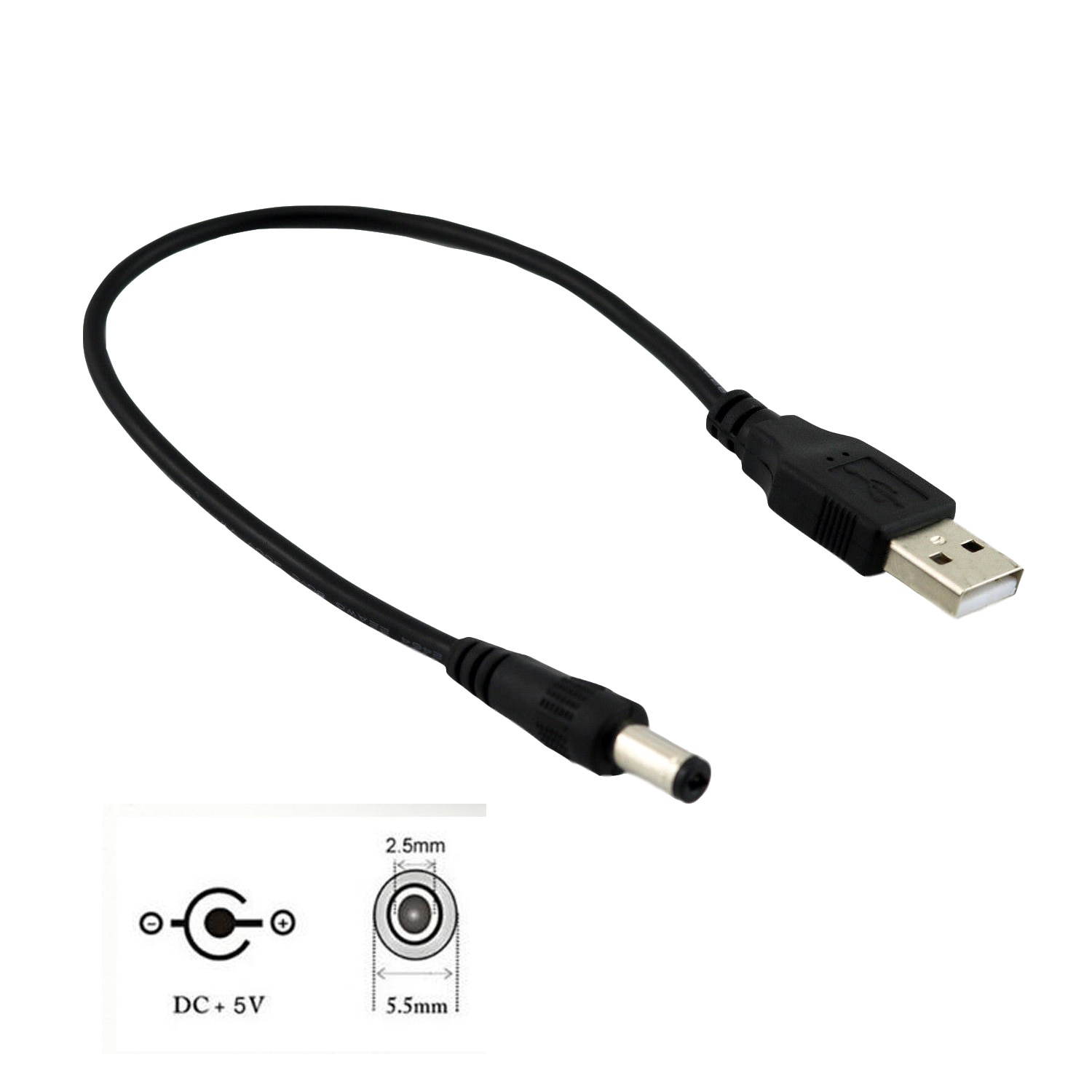 1pcs USB 2.0 Type A Male to 5.5mm x 2.5mm Plug Male 5V DC Power Supply Socket Charging Extension Adapter Connector Cable 25cm