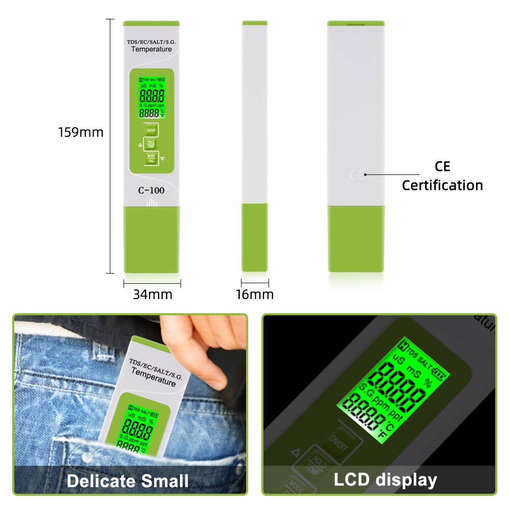 5 in 1 TDS/EC/Salinity/S.G/Temperature Meter Water Purity Digital Multifunction Tester Monitor for Drinking Water Food