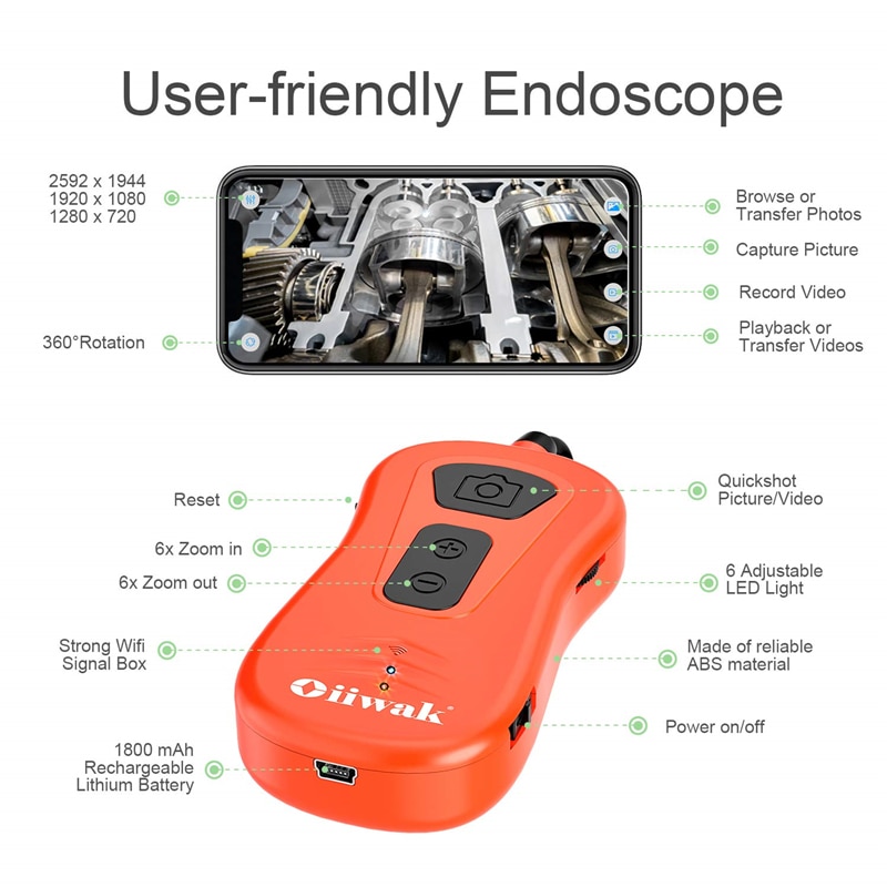 Oiiwak 5.0MP 1944P WiFi Borescope with Semi-Rigid Cable Wireless Camera 6X Zoomable Endoscope Inspection Camera for iOS Android