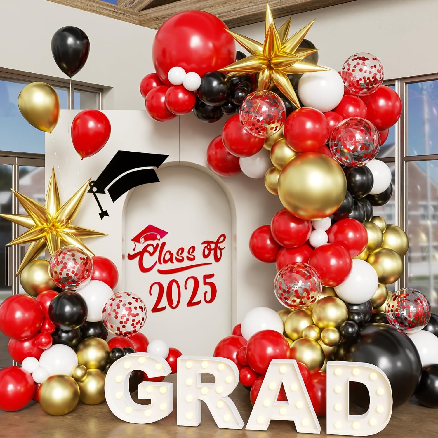 El juego de arco de globos de graduación incluye decoraciones de arco de globos azul, blanco y dorado, adecuadas para decoraciones de clase de 2025