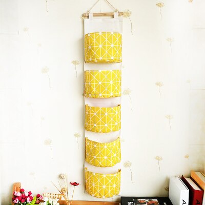 Mural armoire organisateur articles divers sac de rangement bijoux suspendus mur coton pochette accrocher cosmétiques jouets organisateur WF4081009: 5 pocket YELLOW