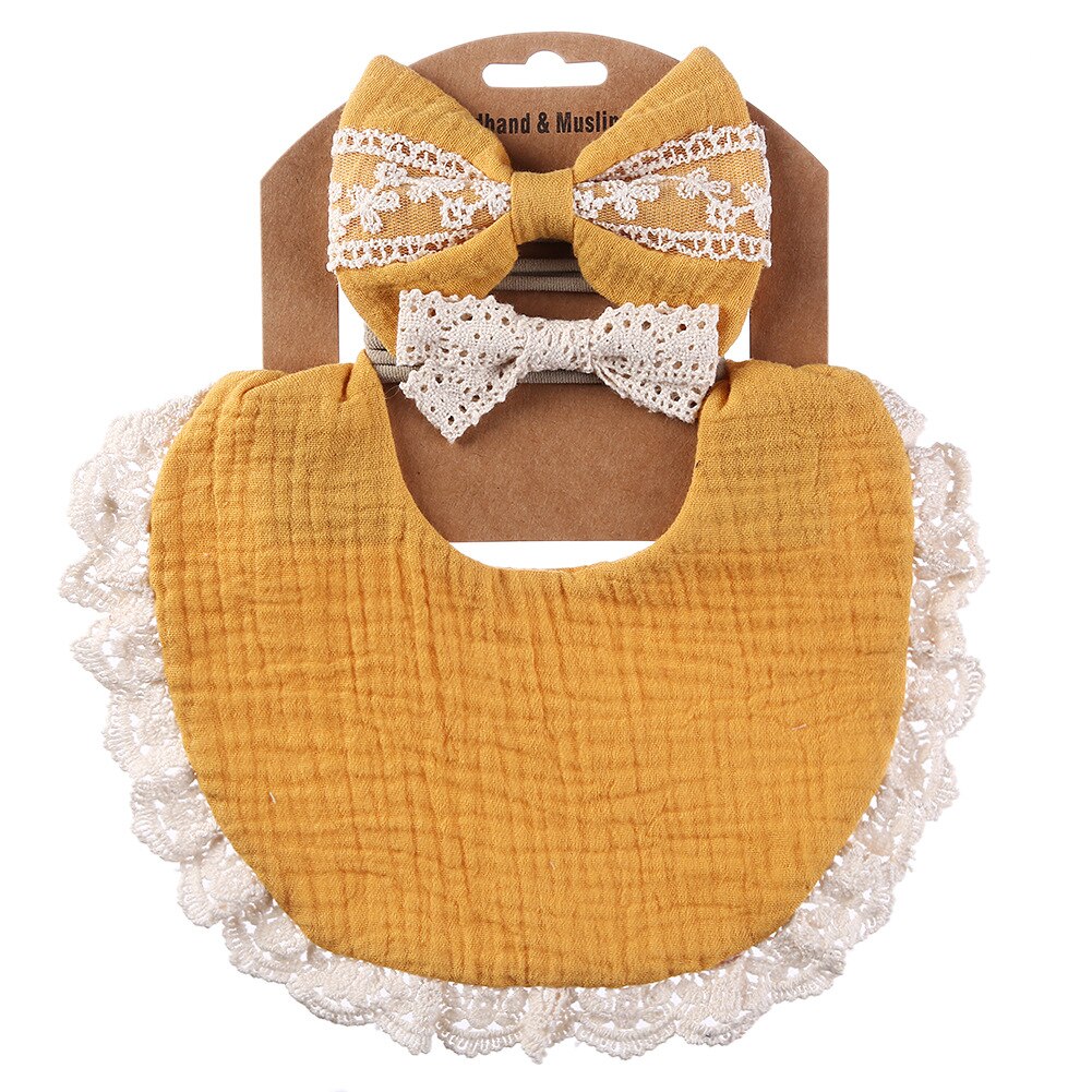 Babyvoeding Kwijl Bib Kant Hoofdband Set Zachte Katoen Speeksel Handdoek Burp Doek Voeden Kwijlen Slabbetjes Schattige Kinderen Haar Accessoires: YELLOW