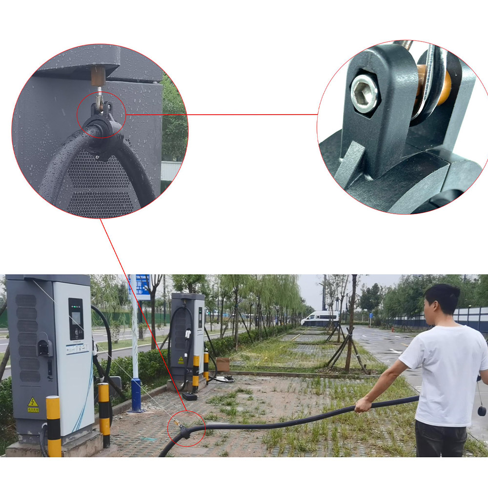 DCFC Cable Management Retractor Clamp 41mm OD Anti Kink Clamshell Swivel Holder Black Hose Clip DC Fast EV Charger Cable Clamp