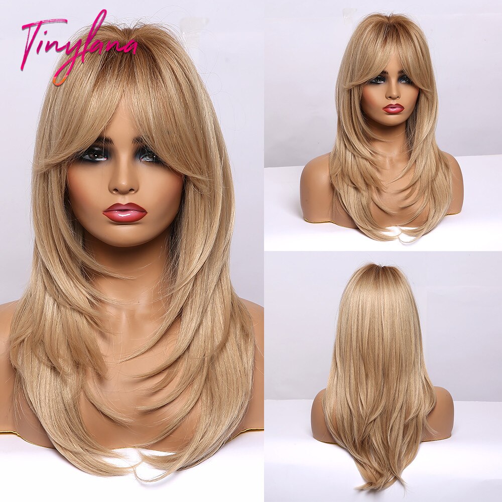 TINY LANA-Peluca de cabello sintético para mujer, cabellera artificial liso de longitud media, color negro y marrón, capas resistentes al calor con flequillo, Natural: LC259-3