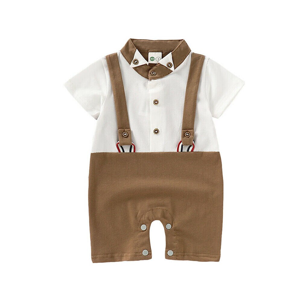 Infantile bébé garçon Gentleman barboteuse vêtements noir bretelles manches courtes barboteuse combinaison tenues nouveaux vêtements: Apricot / 12M