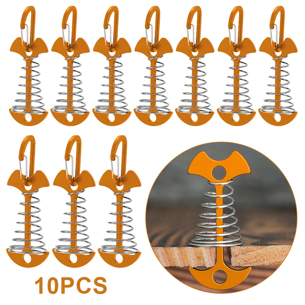 3/5/10PCS Spring Fishbone Deck Pegs Tent Stakes Awning Anchor Wind Rope Buckle with Carabiner Deck Fixed Nails Camping Tent Hook: light yellow