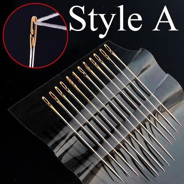 36pcs Self-Threading Sewing Needles Stainless Steel Quick Automatic Threading Needle Stitching Pins DIY Punch Needle Threader: 12pcs / Style A