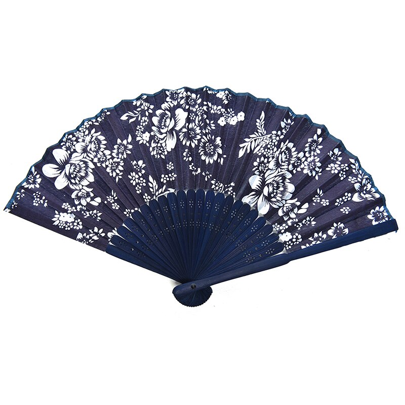 Bloem Chinese Stijl Blauw Stof Hand Ventilator Met Geverfd Blauw Bamboe Frame Wedding Party Favor