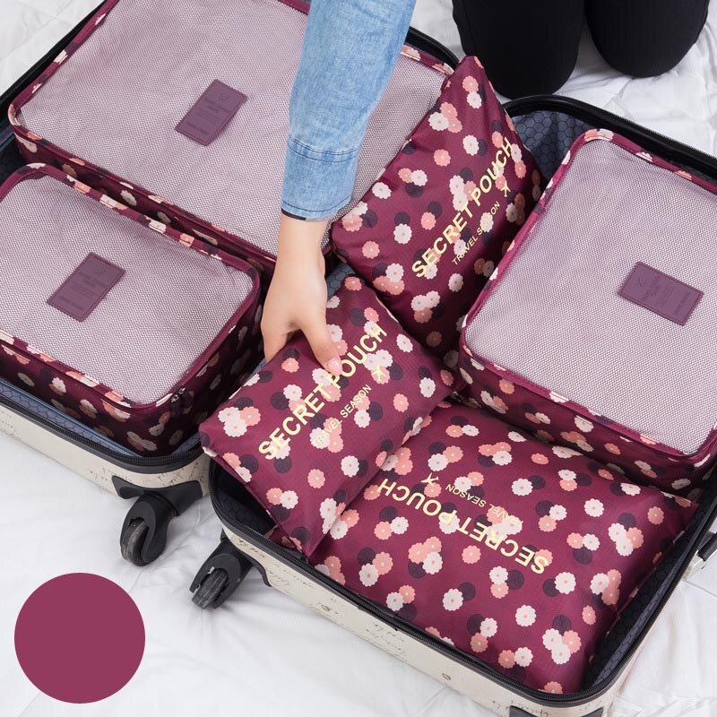 Nylon Packing Cube waterproof Travel Bag 6Pcs/Set System Durable Large Capacity Of Bags Unisex Clothing Sorting Organize: WineRedFlower