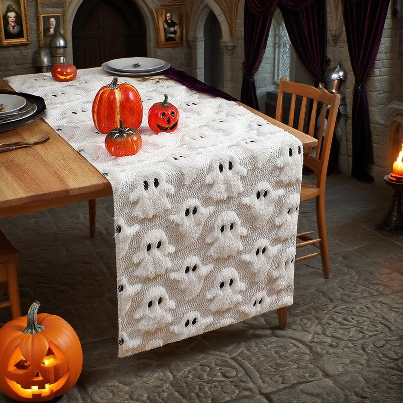 Black White Embossed Tablecloth Gothic Eye Of Ghost Table Runner For Home Decor Party Festival