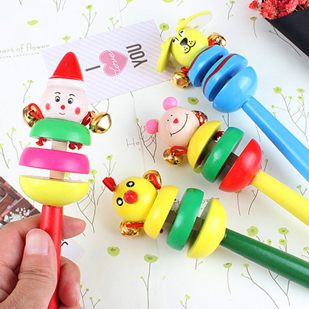 Houten Cartoon Konijn Kikker Dier Rammelaar Handheld Bel Muzikale Kinderen Speelgoed Baby Niet Giftig Safe Animal Vorm Ring/Bed Bel Speelgoed