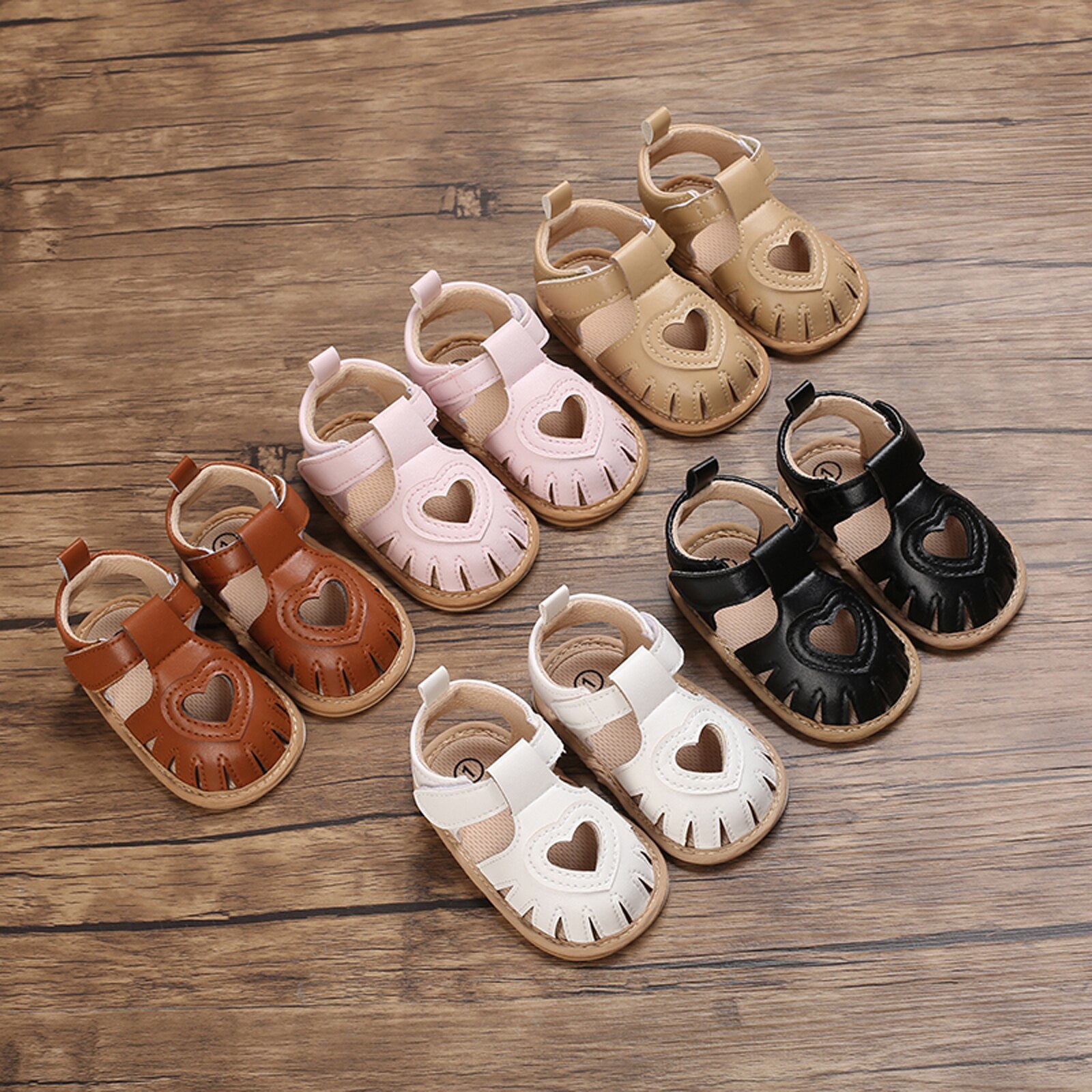 Toddler Baby Summer Sandals Solid Color Heart-shaped Cutout Soft Sole Girls Boy Beach Sandals 0-18Months