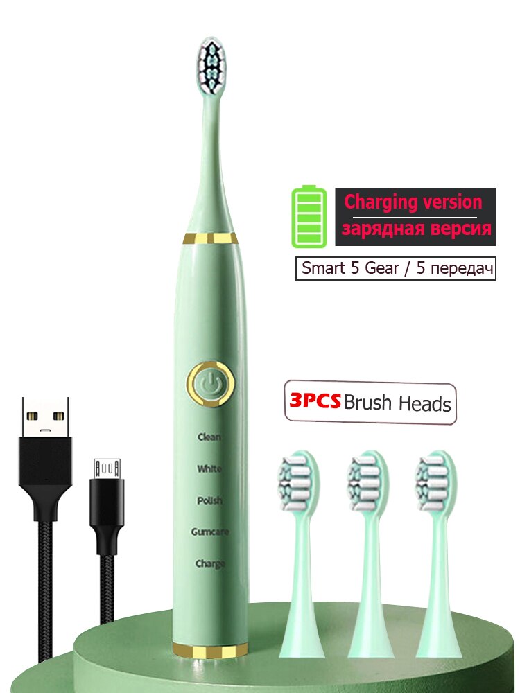 Newest Sonic Electric Toothbrushes for Adults Kids Smart Timer Rechargeable Whitening Toothbrush IPX7 Waterproof 4 Brush Head: Charge Green