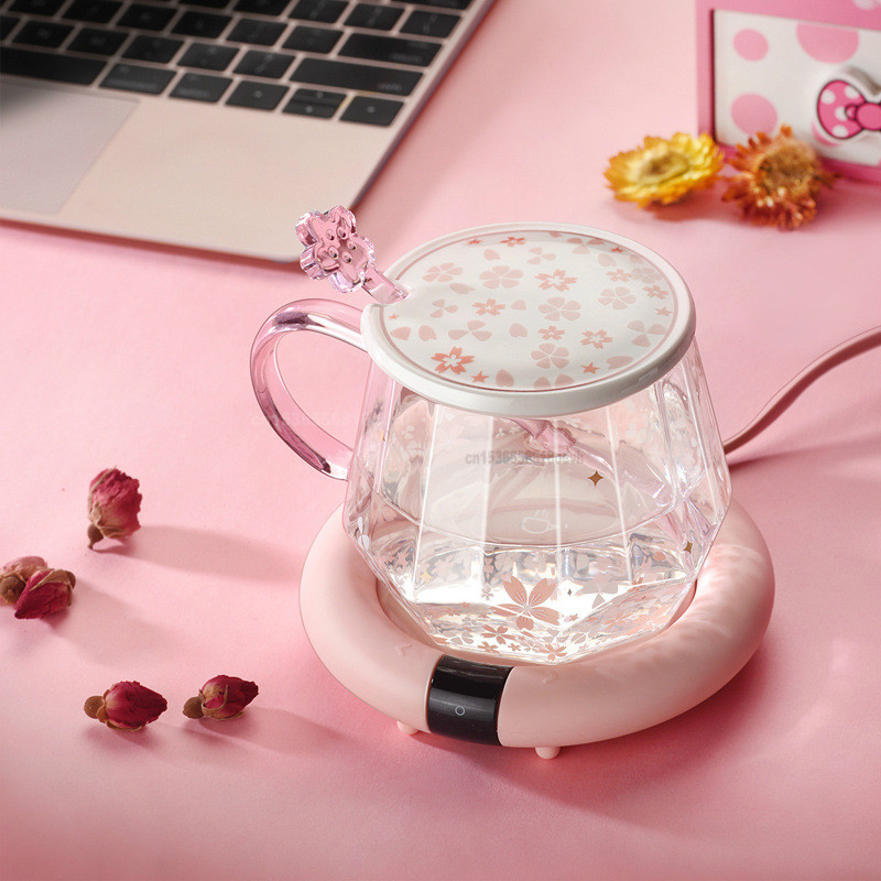 Sakura diamantkopp glas vattenkopp med handl rosa söt omrörningskopp kaffe klart glas: Kopp och värmedyna