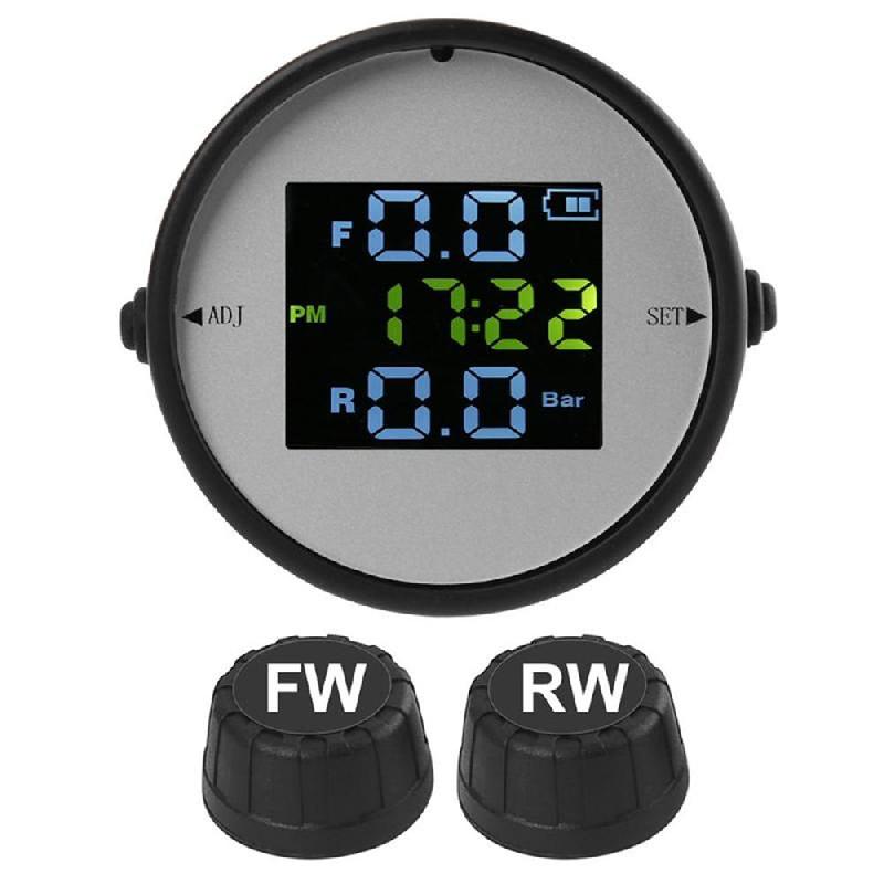 Wireless LCD Motorcycle Tire Pressure Monitoring System TPMS External Sensor Realtime Monitor Time Display Tire Pressure Gauge