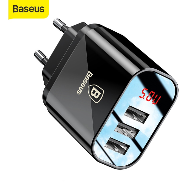 Baseus 3 Ports USB Charger Quick Charging 3.4A Wall Charger EU Plug With Digital Display Travel Fast Charger For Samsung Huawei