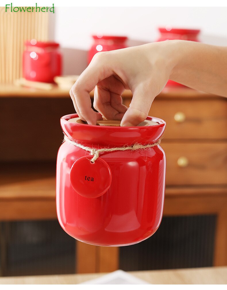 Large Capacity Red Ceramic Tea Caddy with Bamboo Lid Round Tea Storage Food Grade Tea Container Tea Coffee Bean Sealed Caddy
