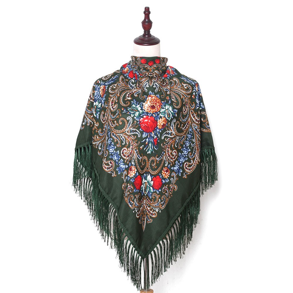 Rysk halsduk ukrainska fransade sjalar traditionella blommiga polska kvinnor hals huvud wrap vintage antik huvud hijab scarf poncho: Grön