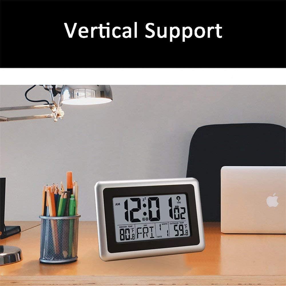 Atomic Wall Desk Clock Large Display with Indoor Outdoor Temperature Date Calendar Digital Alarm Clock Battery Operated for Room