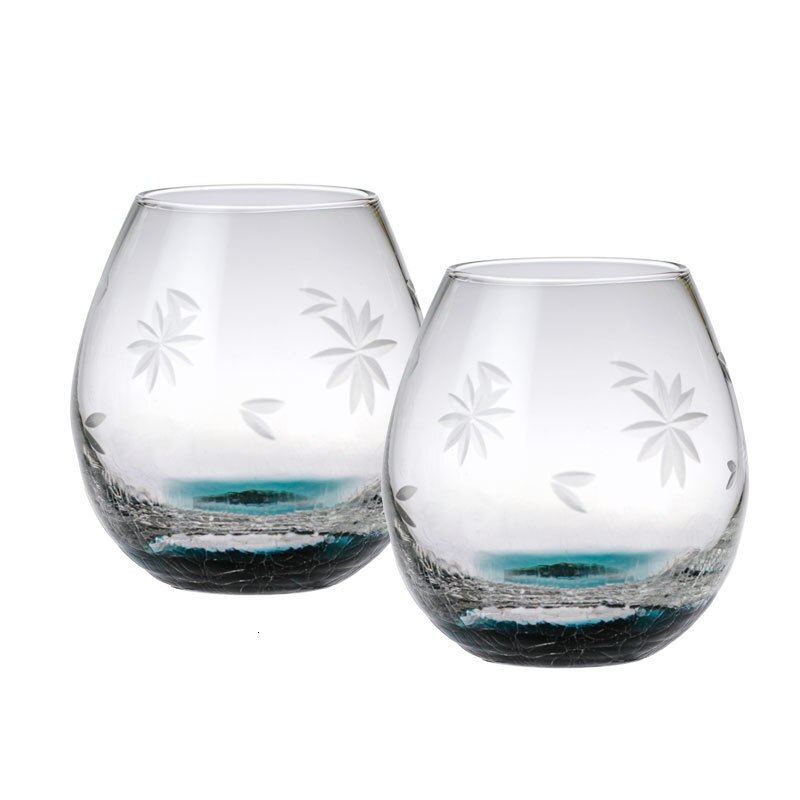 Japanese Style Edo Crystal Ice Cracks Water Cup Manual Engraving Sakura Blackish Green Artwork Big Belly Egg Wine Glass Tumbler: 2 Piece