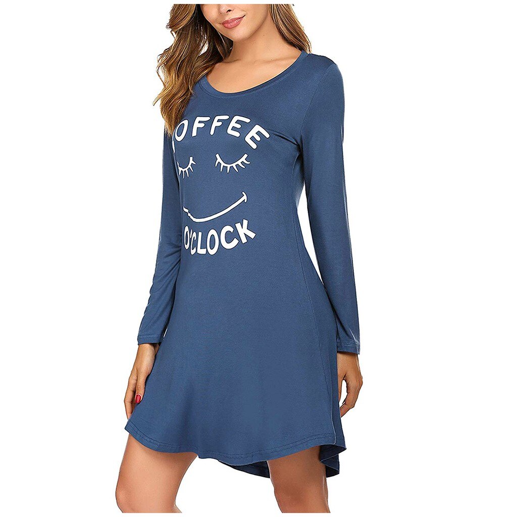 #20 Women's Ladies Long Sleeve Casual Cartoon Print Comfy Nightgown Sleep Dress Comfortable платье женское Vestidos: blue / XXL