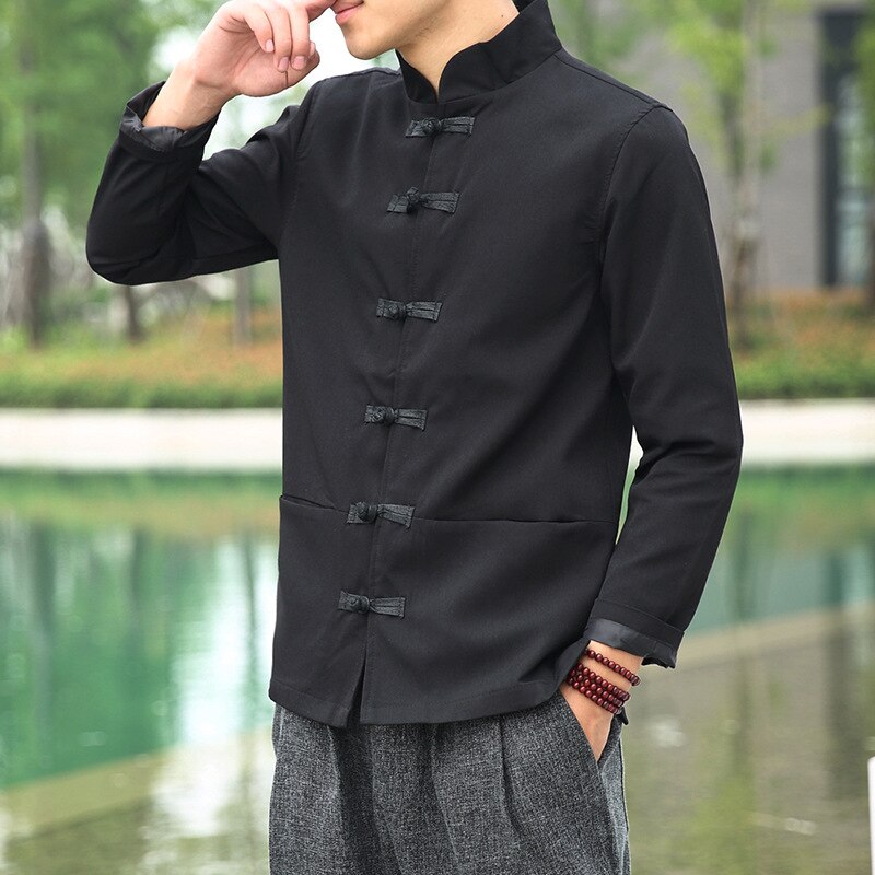 Tradisjonelle kinesiske klær til menn 2022 årgang kung fu uniform hanfu kinesiske skjorter lin topp helermet bluse streetwear: Svart / Xl