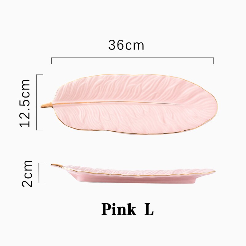 Leaf Ceramic Gold Inlay Cosmetics Jewelry Storage Tray Cake Candy Dessert Plate Key Watch Place Feather Plates Decorative Plate: pink L