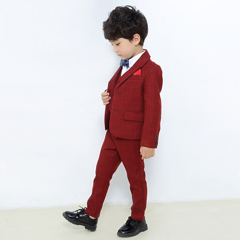 Jungen Anzug Set Burgunderrot - Zweiteiliger Blazer Mit Hose | Größe 150 | Karo-Muster