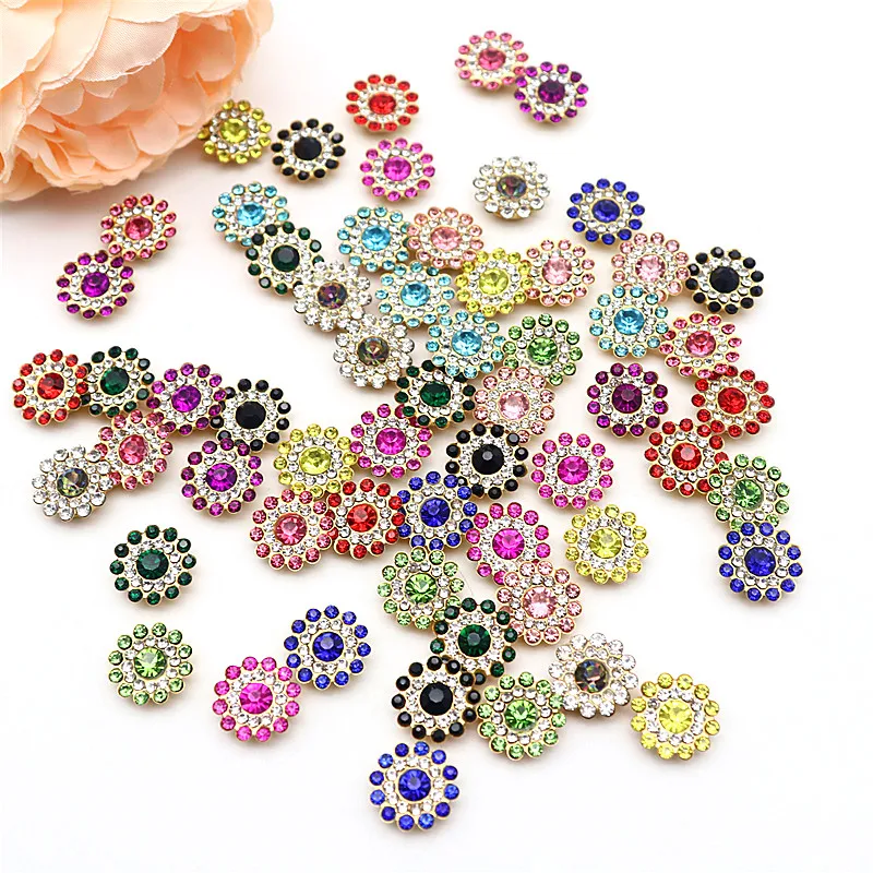Taladro de flor de sol de 14mm, placa facial redonda cosida a mano, hebilla de taladro hecha a mano, accesorios de cuentas de lazo Diy, diamantes de imitación de doble flor