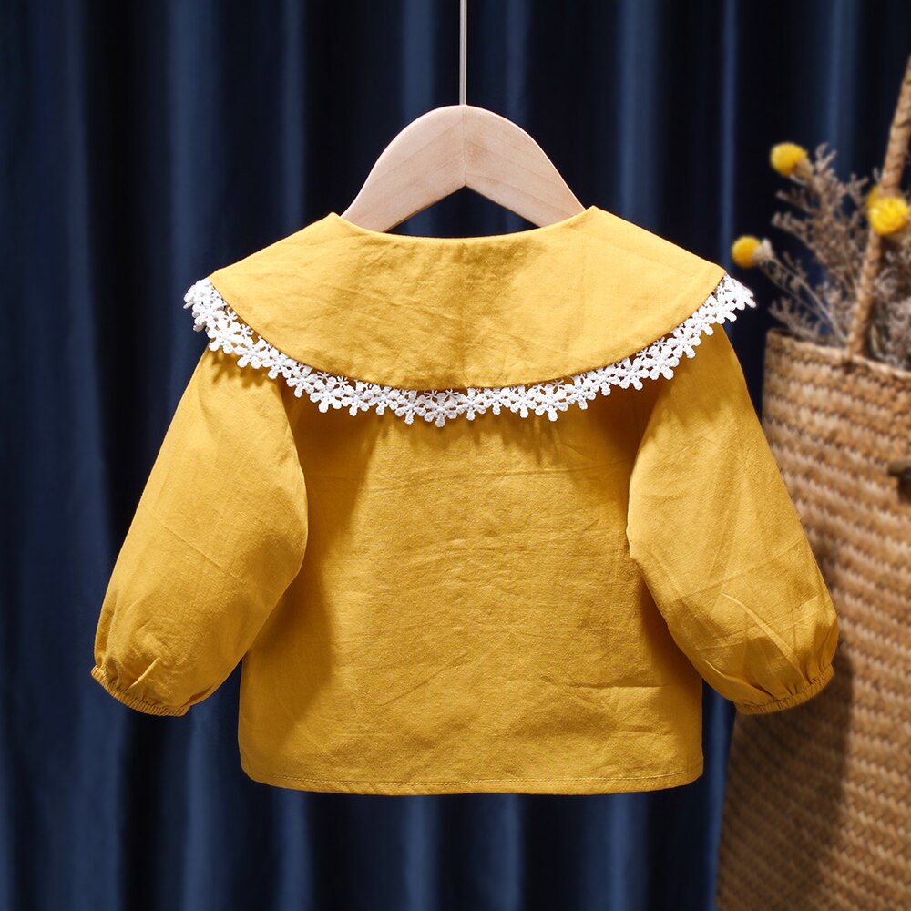 Blusa de algodão para bebês meninas, camisa branca para crianças manga comprida para escola primavera e outono
