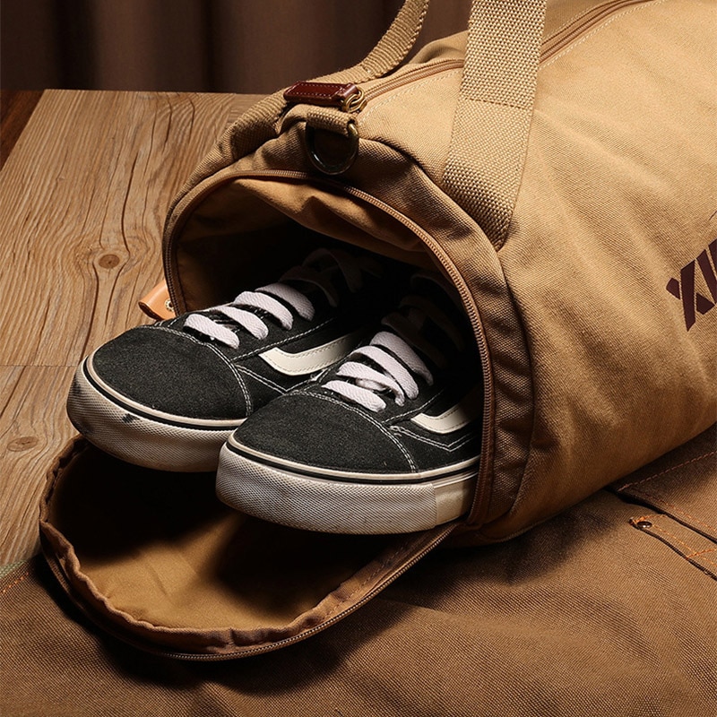 Male Large Capacity Canvas Travel Bags Men Fitness Sports Training Handbag With Shoes Pocket Black Khaki Shoulder Bag XA32M