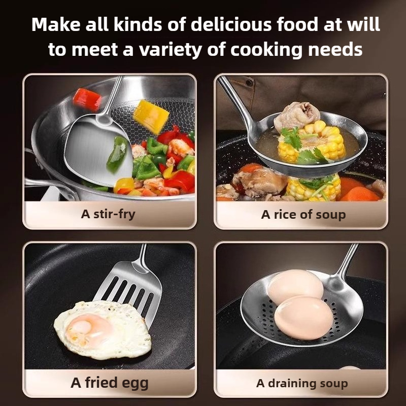 Espátula wok de aço inoxidável para alimentos, utensílios de cozinha de metal com fenda, colher, concha, conjunto de utensílios, acessórios de cozinha, ferramentas de cozinha