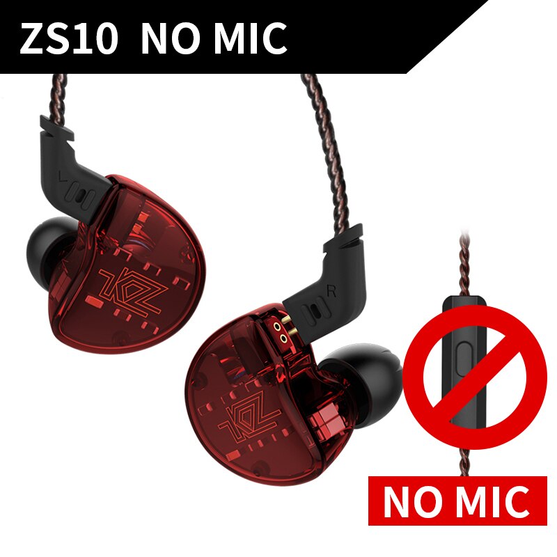 Auriculares KZ ZS10 10 auriculares con controladores 4BA + 1DD Dynamic hybrid auriculares HiFi Bass deportivos auriculares con cancelación de ruido en monitores de oído: Redwithout mic