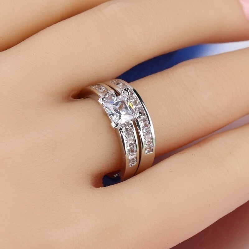 FDLK Couple Ring: Women Square Princess Cut AAA Cubic zirconia Wedding Party Ring Set