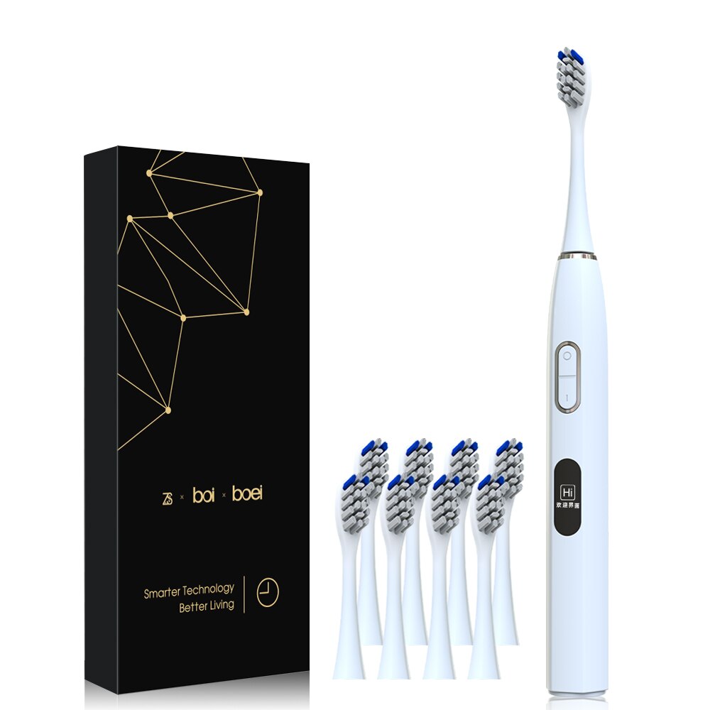 Boi – écran LCD blanc étanche IPX8, charge sans fil, 6 modes avec 8 têtes de brosse de rechange, brosse à dents électrique sonique pour adulte: A1D101-2
