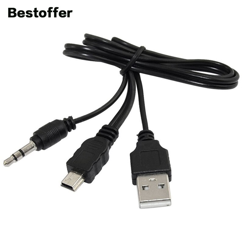 50cm Black USB 2.0 A to Mini B 5PIN+DC 3.5mm Male Plug Audio AUX Adapter Charger Cable Cord