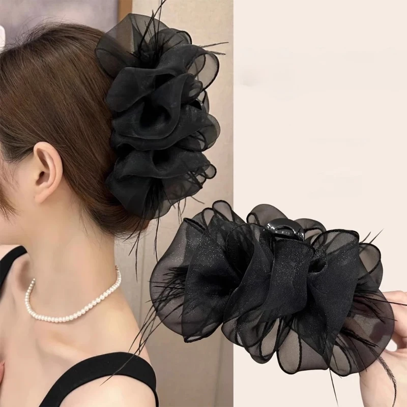 Mesh Bow Grip Clip Women Girls Sweet Black Large Hair Clip Shopping Wedding Daily Hair Claws Hair Accessories