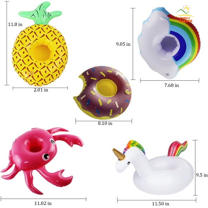 Uppblåsbara dryckeshållare 9 paket flytande koppunderlägg för poolfest och badleksaker för barn sjöjungfru, svan, flamingo, krabba, ananas