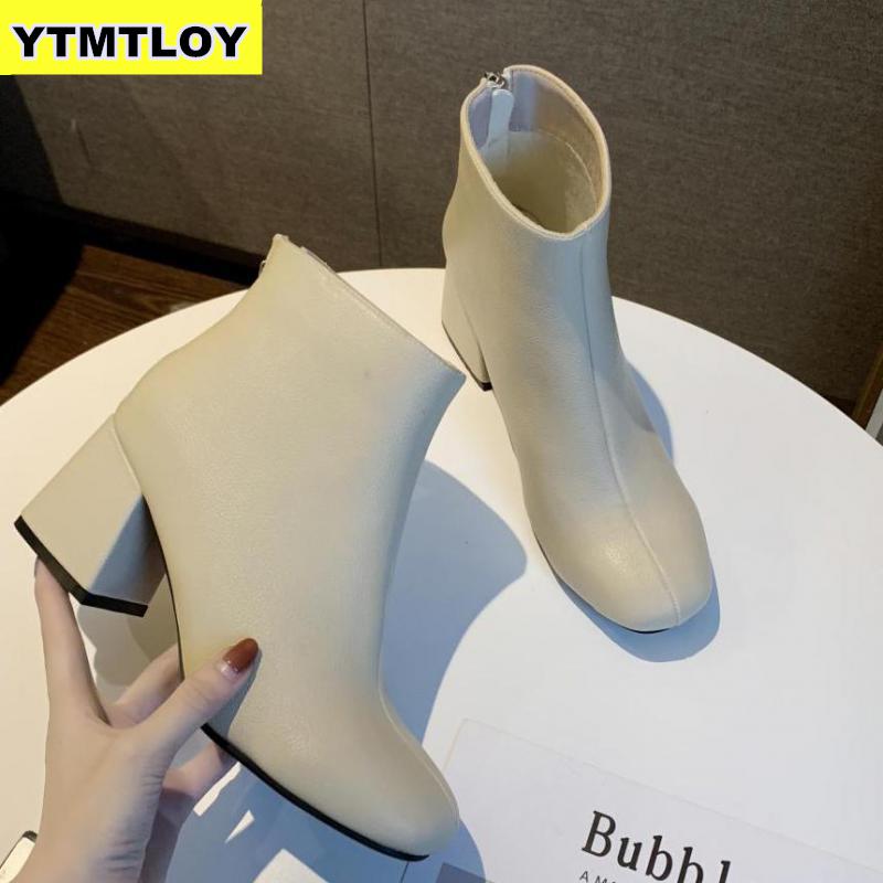 neue Leder Stiefeletten Frauen Dicke hoch Fersen Reißverschluss Spitz Herbst Winter Frau Schuhe Platz Ferse Weiß schwarz